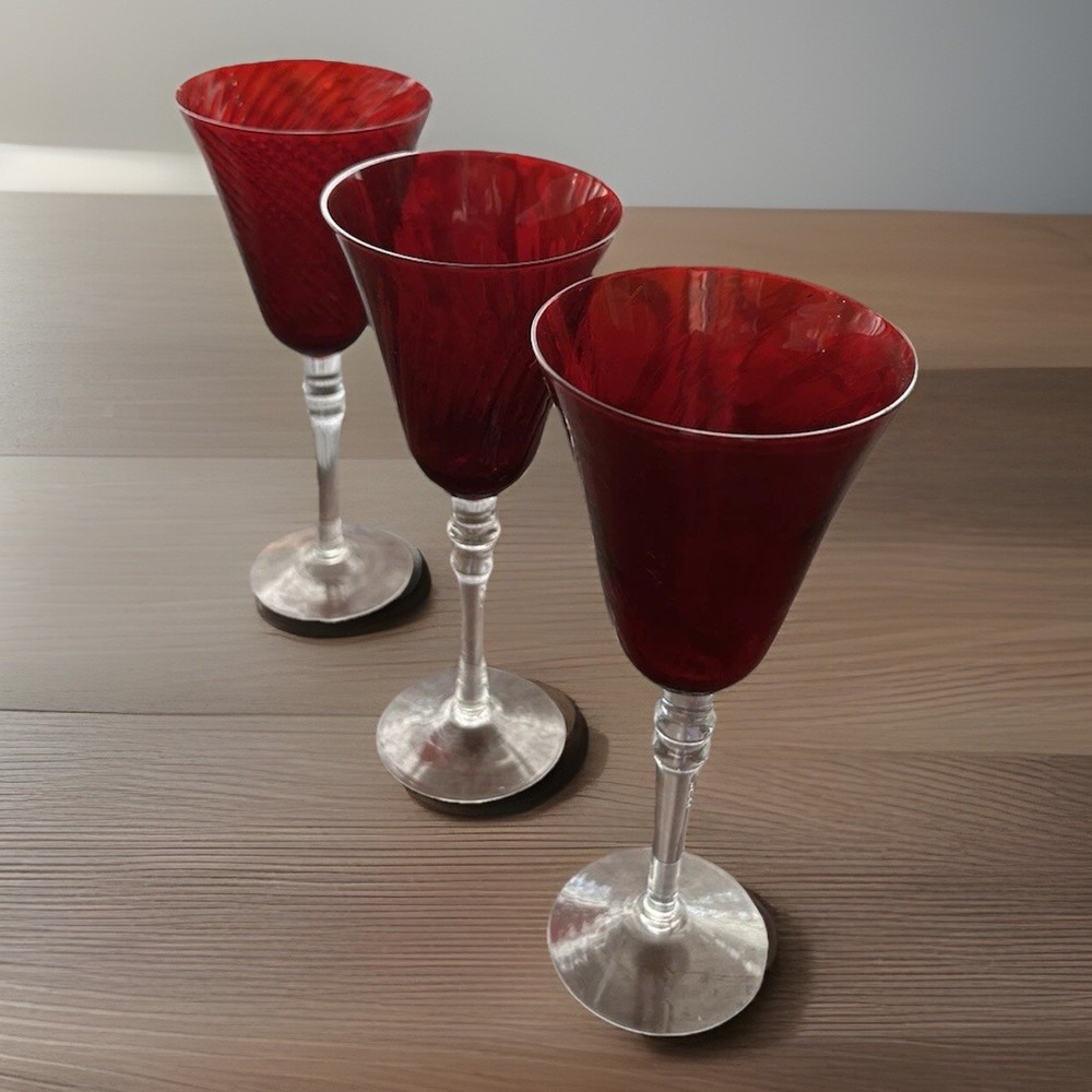 Three Hands Corp Ruby Red Art Glass Wine Goblets Optic Swirl Clear Stem  THREE